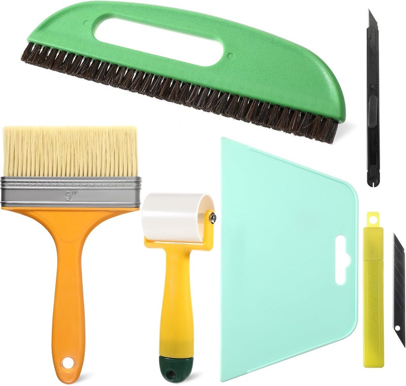 Exclaith Wallpaper Smoothing Tool Kit, Wall Paper Stick Tool Set, with Wallpaper Paste Glue Brush, Multiuse Wallpapers Squeegee, Seam Roller, and Cutting Tools, for Peel and Stick Wallpapers Vinyl Window Film - Image 1